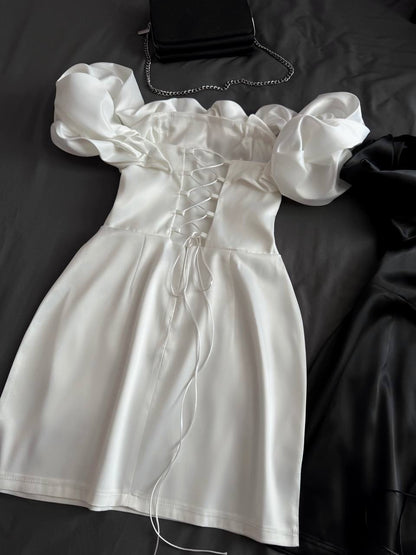 Dramatic Ruffle Off-Shoulder Mini Satin Dress