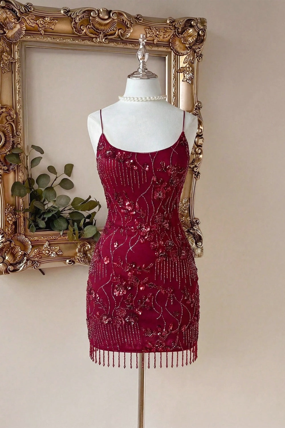 Spaghetti Strap Beaded Mini Dress with Fringe