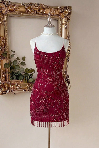 Spaghetti Strap Beaded Mini Dress with Fringe