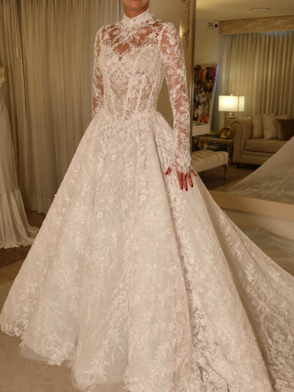 High Neck Lace Ball Gown Wedding Dress