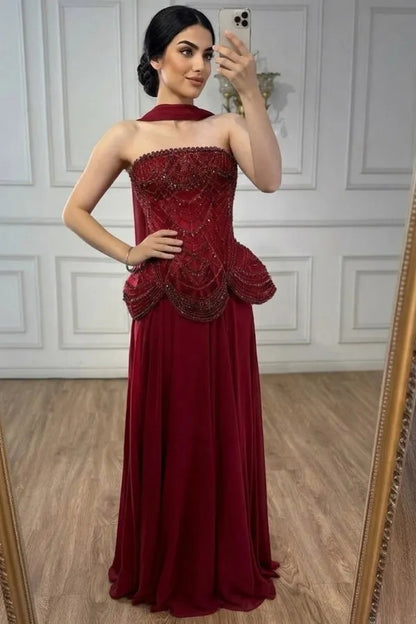 Beaded Corset Strapless A-Line Evening Gown