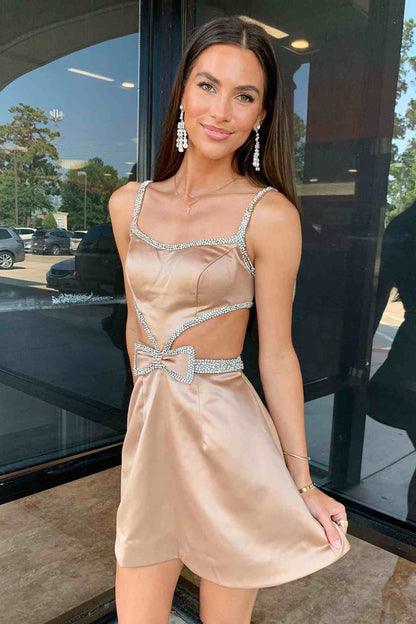 Satin Cut-Out A-Line Mini Dress with Bow