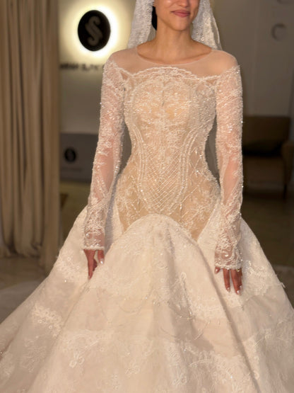 Lace & Beaded Ball Gown Wedding Dress with Sleeves