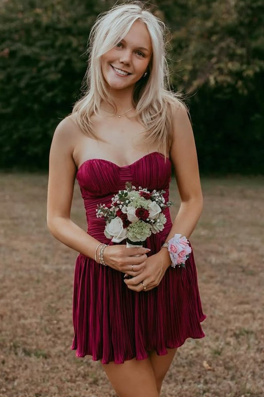 Strapless Sweetheart Pleated Mini Dress