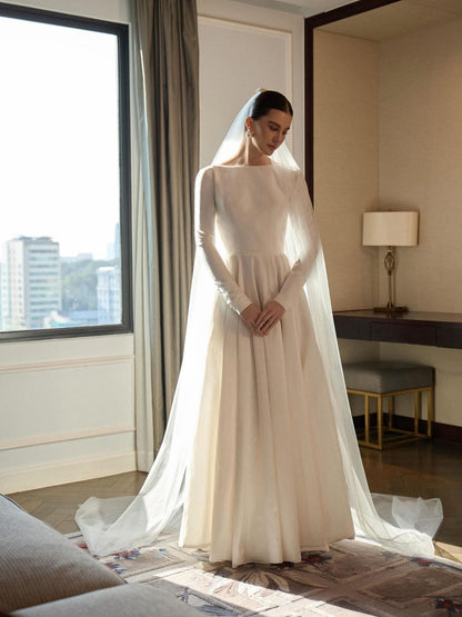 Minimalist Bateau Neck Long Sleeve A-Line Wedding Dress