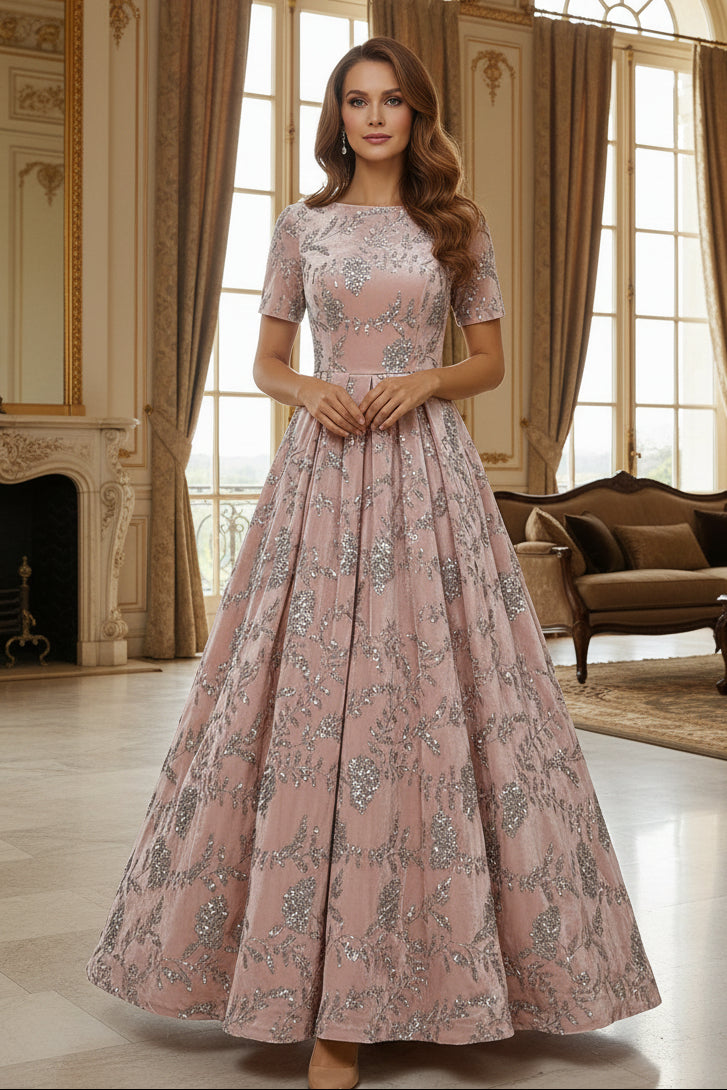 Sequined Velvet A-Line Evening Gown with Sleeves