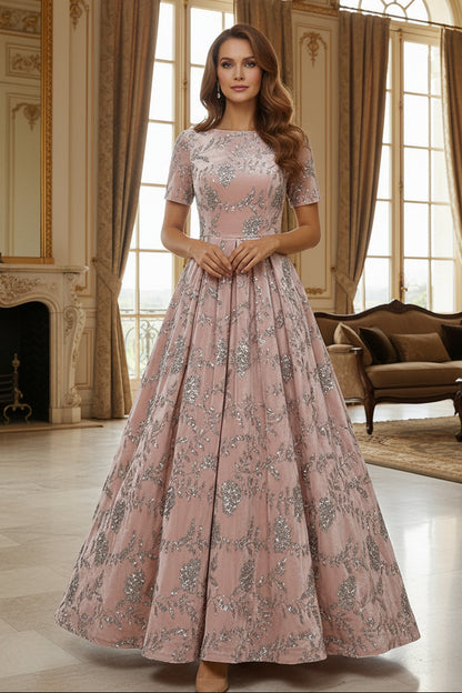 Sequined Velvet A-Line Evening Gown with Sleeves
