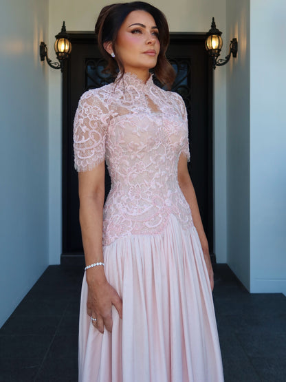 High Neck Lace Bodice Gown with Short Sleeves