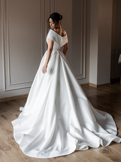 Off-the-Shoulder Satin Ball Gown Wedding Dress