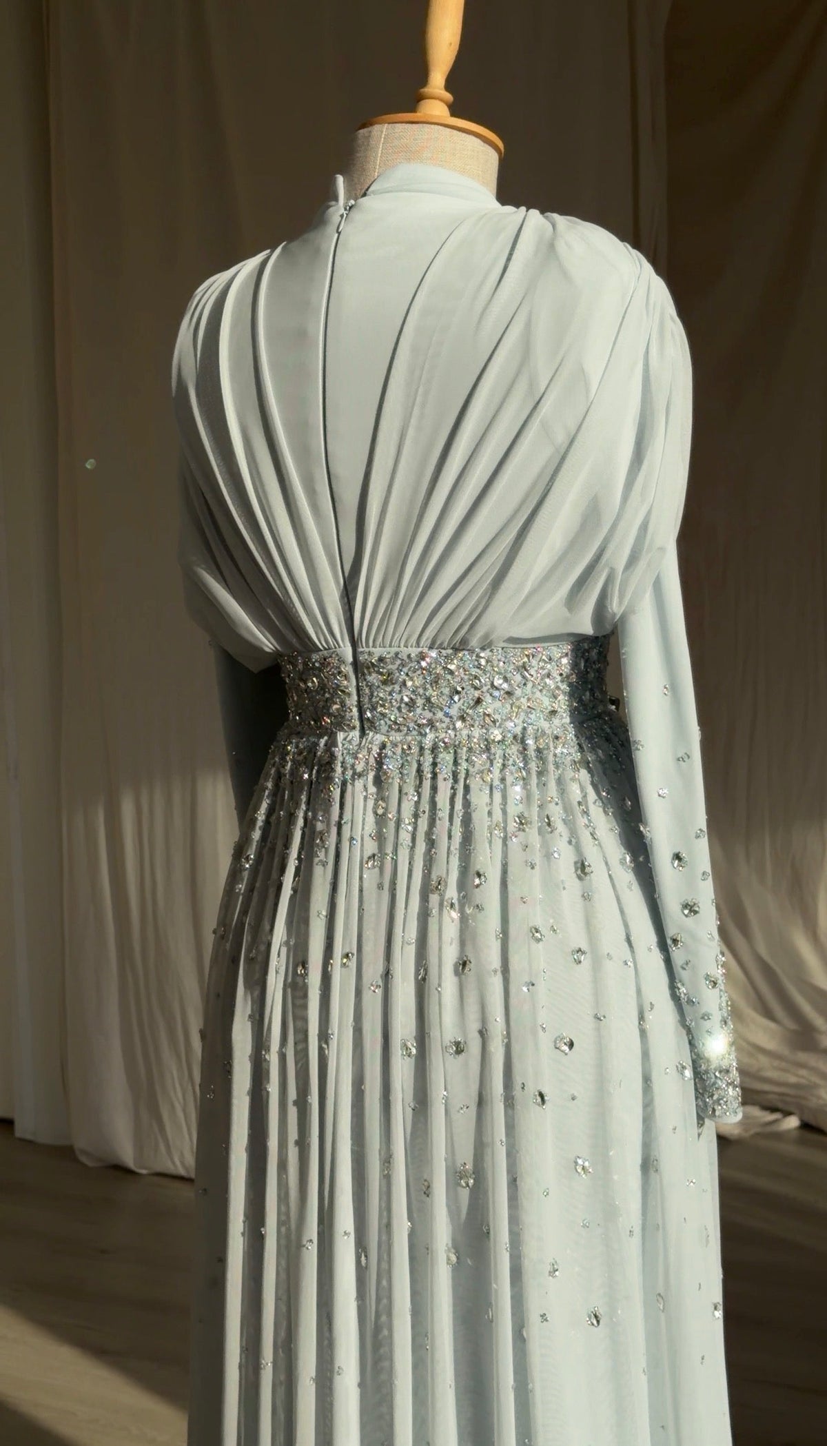 High-Neck Rhinestone Gown with Draped Bodice