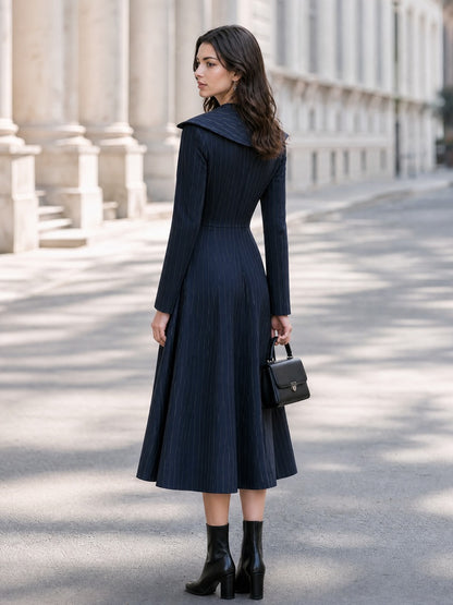 Pinstripe Double-Breasted A-Line Midi Dress