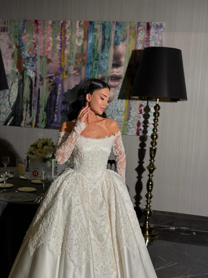 Beaded Lace Ball Gown Wedding Dress with Sleeves