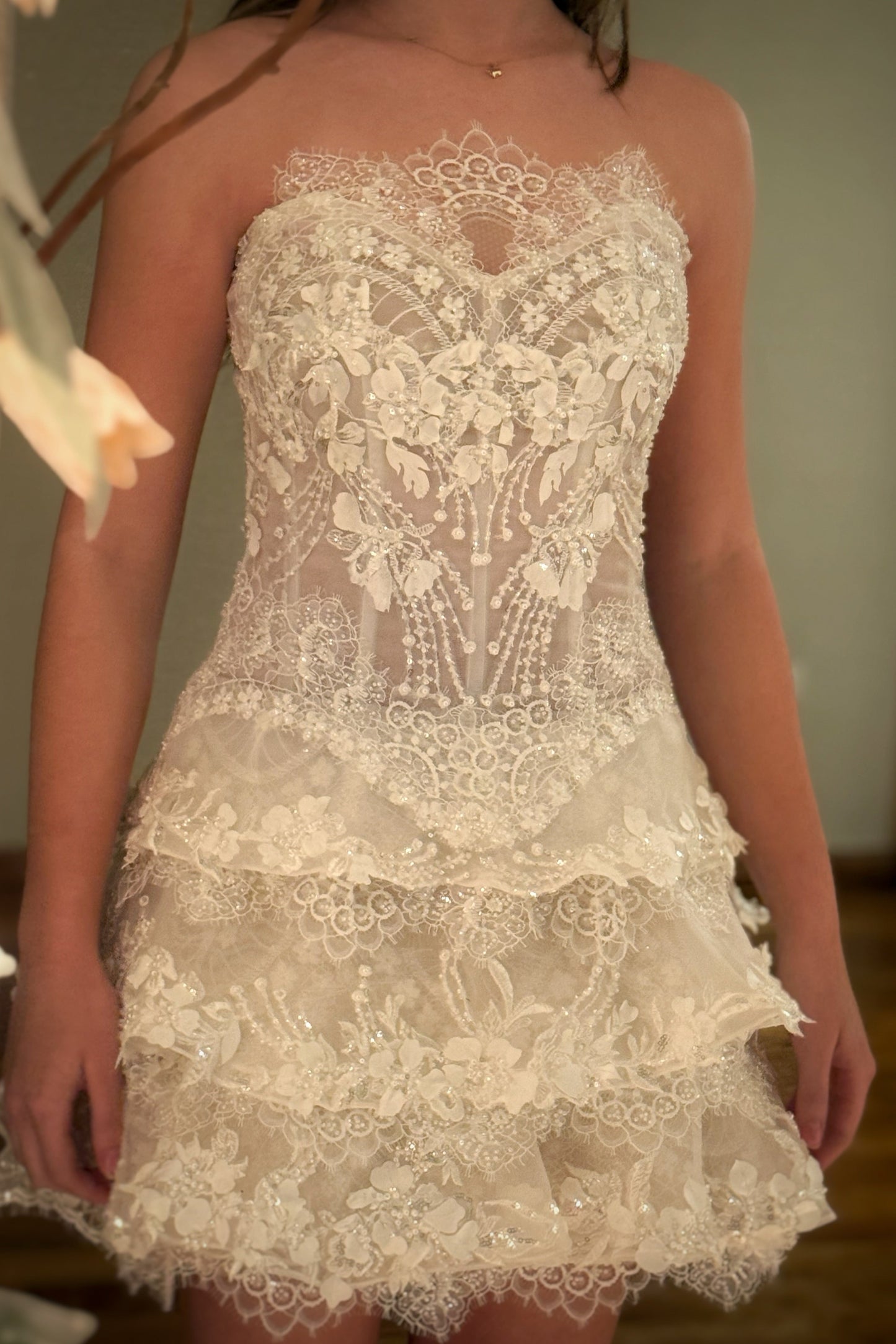 Strapless Tiered Lace Corset Mini Dress