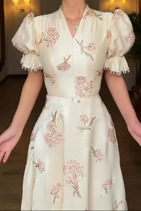 Embroidered V-Neck Puff Sleeve Ball Gown