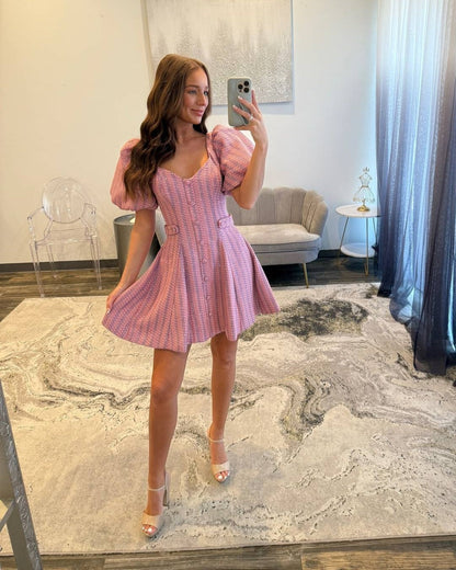 Sweetheart Puff Sleeve Tweed Mini Dress