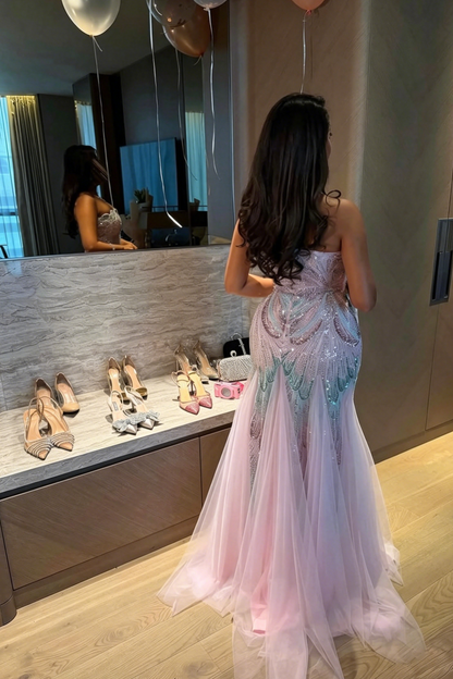 Strapless Sequined Mermaid Evening Gown with Tulle Skirt