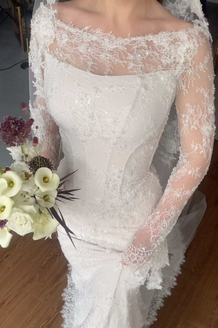 Lace Illusion Long Sleeve Wedding Dress