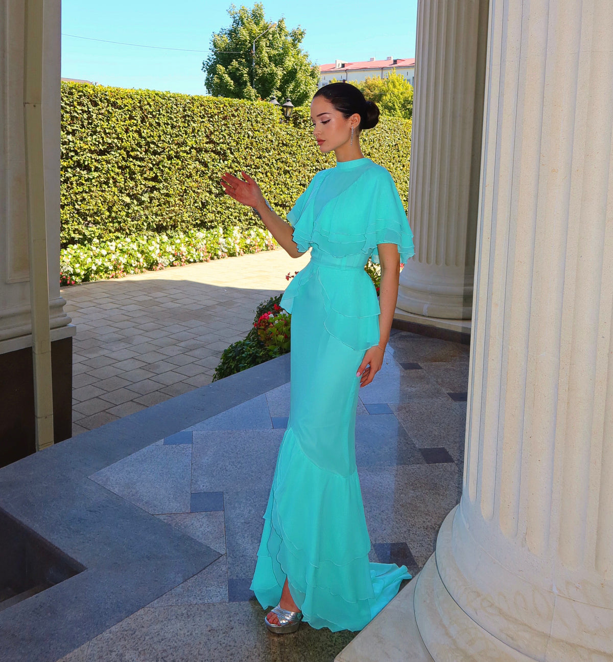 Tiered Ruffle Mermaid Evening Gown with Slit
