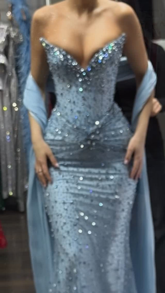 Plunging Sweetheart Crystal Mermaid Evening Dress