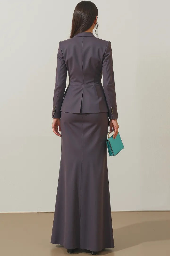 Two-Piece Long Sleeve Blazer and Maxi Skirt Set