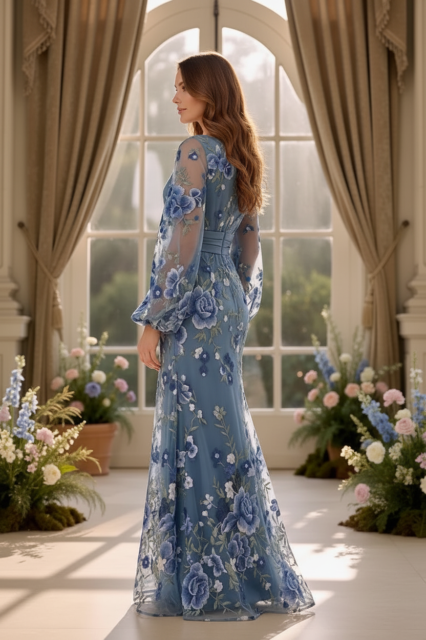 Floral Embroidered Balloon Sleeve Evening Gown