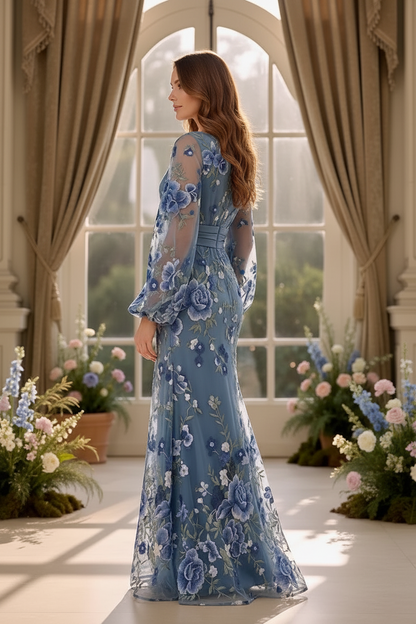 Floral Embroidered Balloon Sleeve Evening Gown