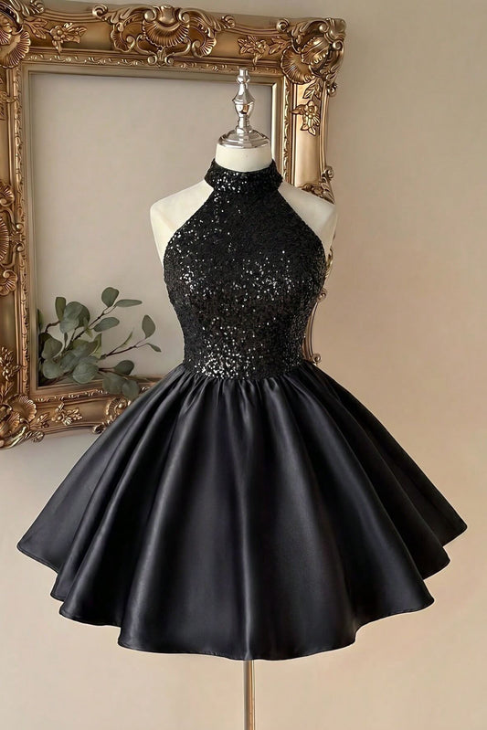 Halter Sequin A-Line Satin Homecoming Dress
