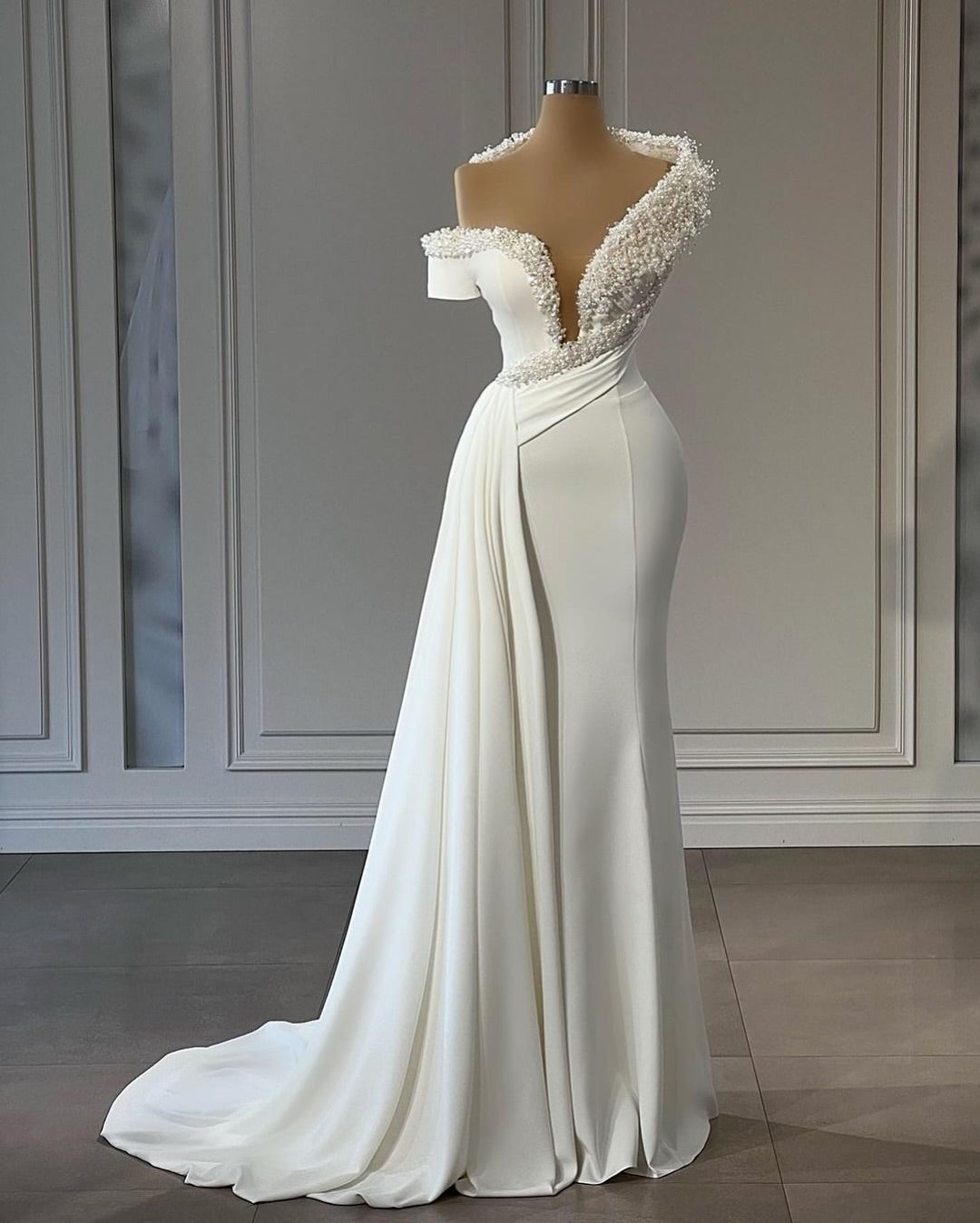 Pearl-Embellished Asymmetrical Mermaid Gown
