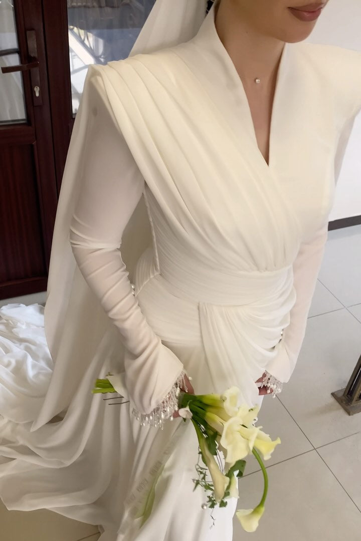Draped V-Neck Wedding Dress with Beaded Fringe Cuffs