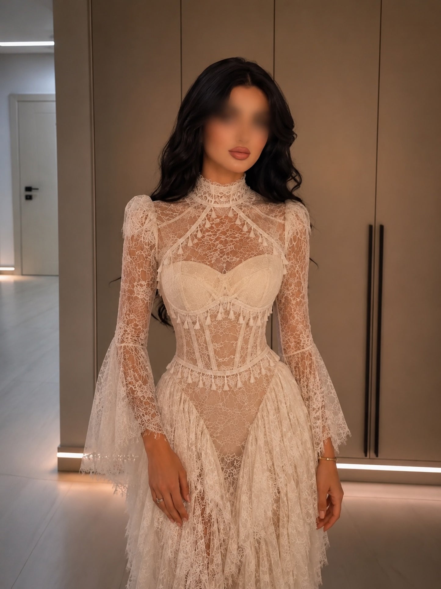 High-Neck Corset Lace Maxi Dress with Bell Sleeves