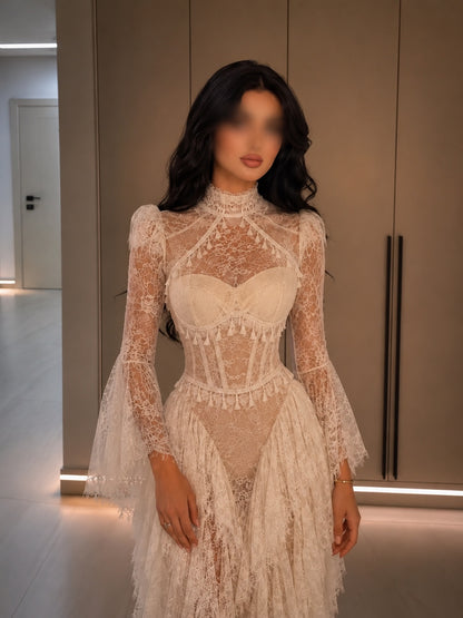 High-Neck Corset Lace Maxi Dress with Bell Sleeves