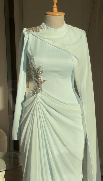 Draped Cape Gown with Crystal Embellishment