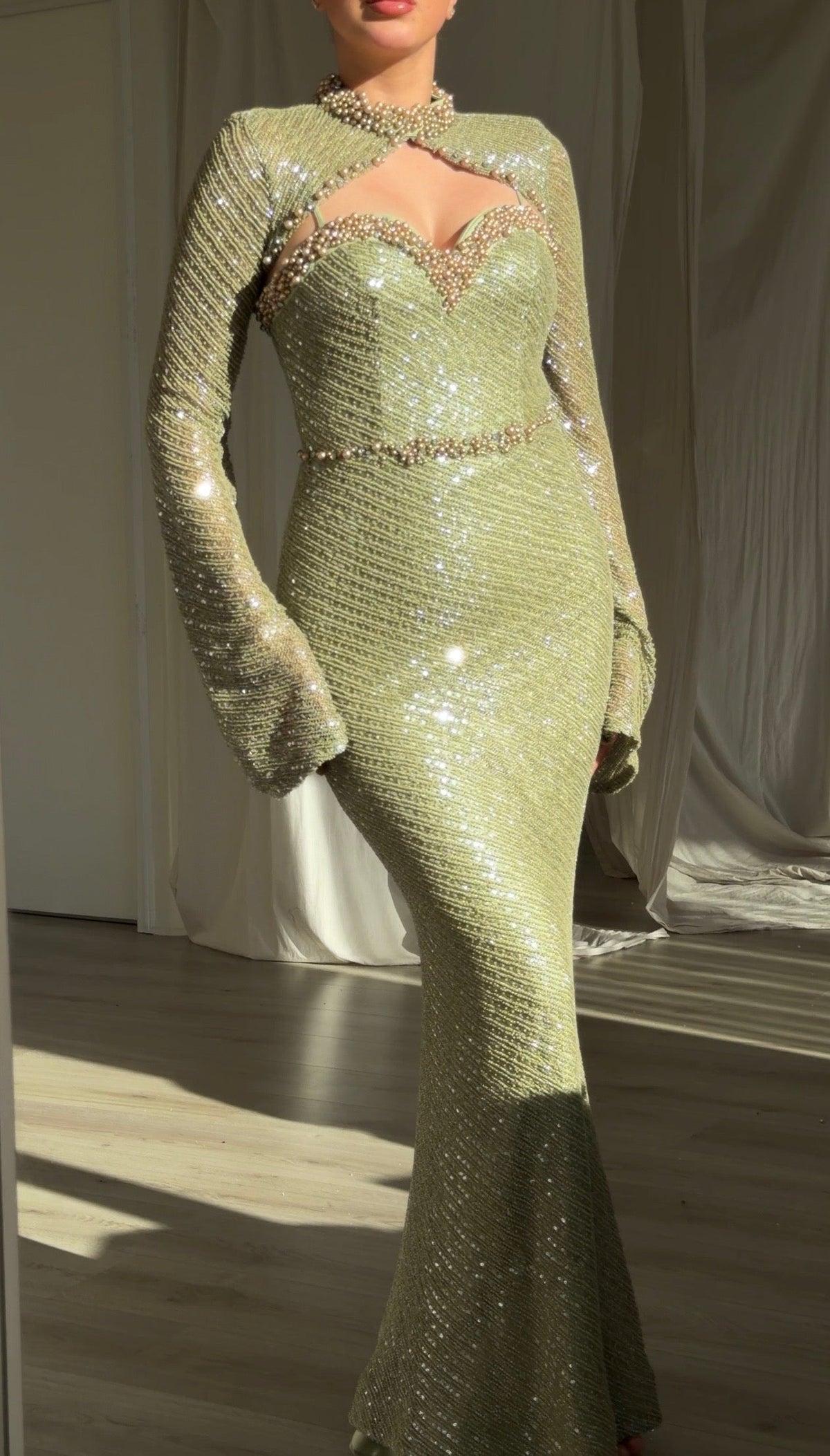 Beaded High Neck Sequin Cutout Evening Gown