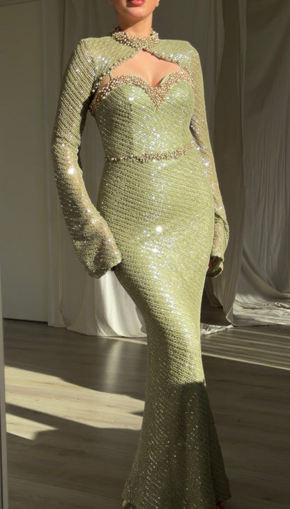 Beaded High Neck Sequin Cutout Evening Gown