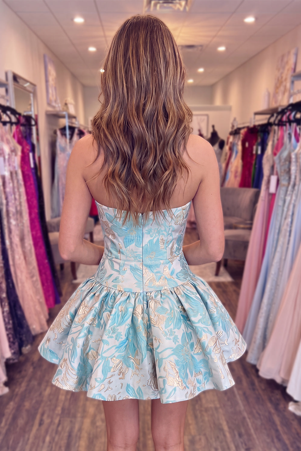 Strapless Floral Jacquard Bow Fit and Flare Dress