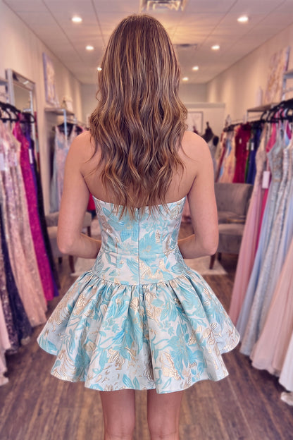 Strapless Floral Jacquard Bow Fit and Flare Dress