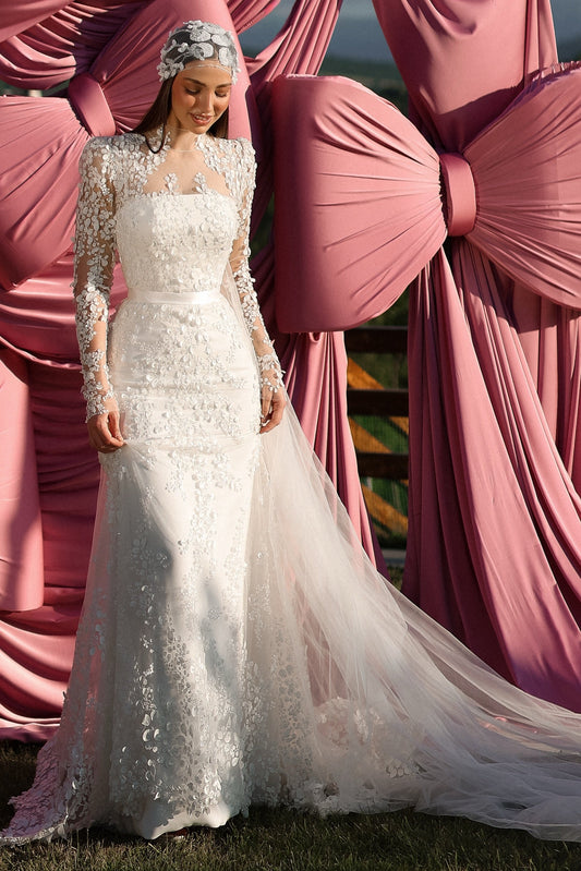 3D Floral Applique Long Sleeve Wedding Dress with Train