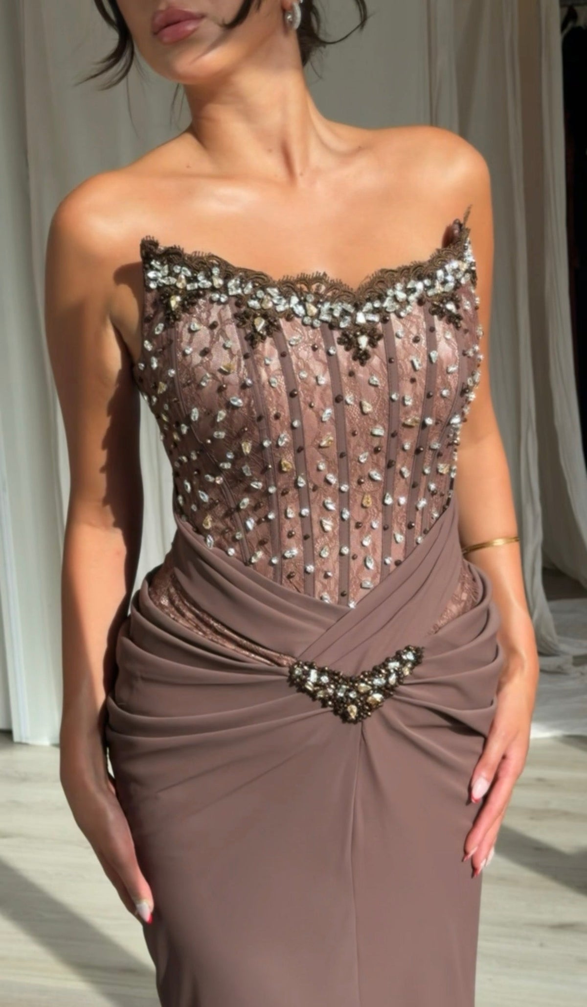 Strapless Beaded Corset Gown with Draped Slit Skirt