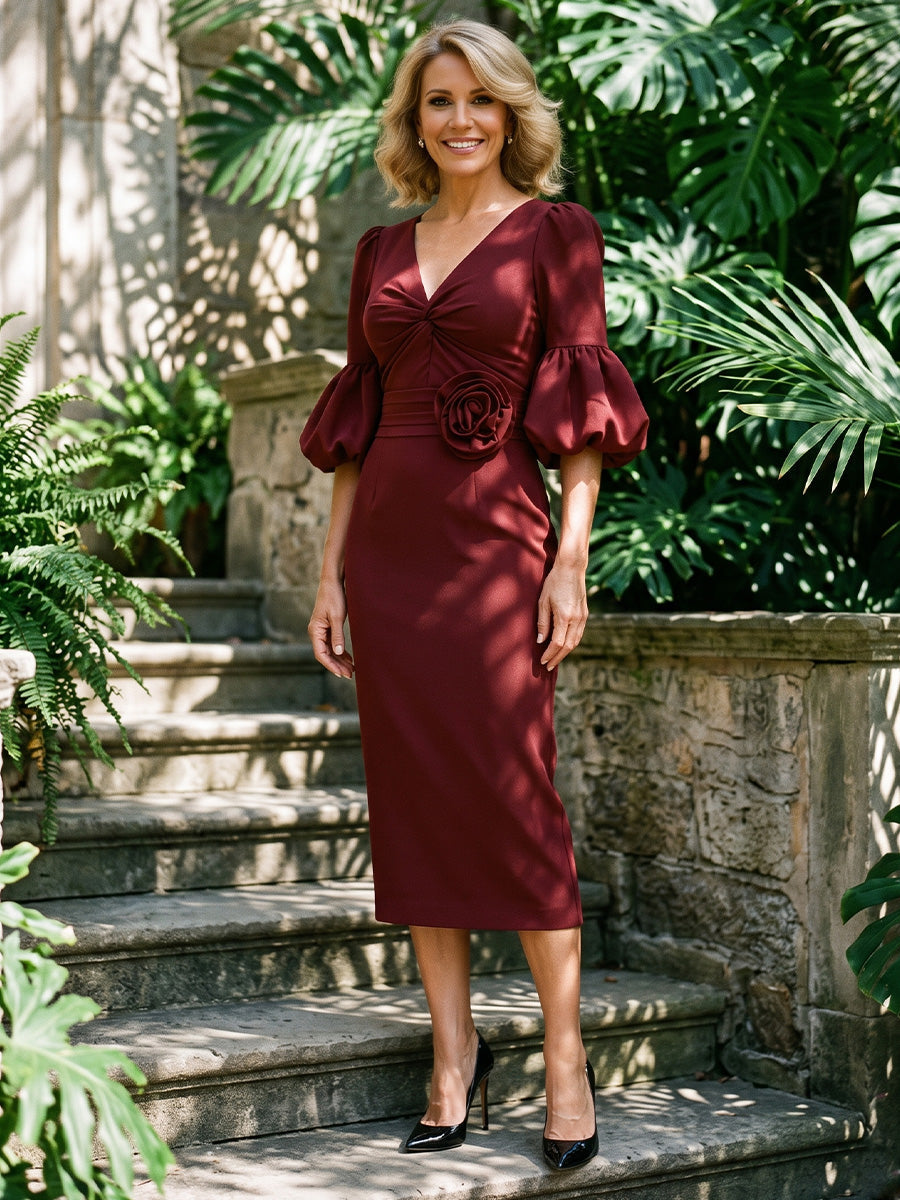 V-Neck Midi Dress with 3D Flower and Balloon Sleeves