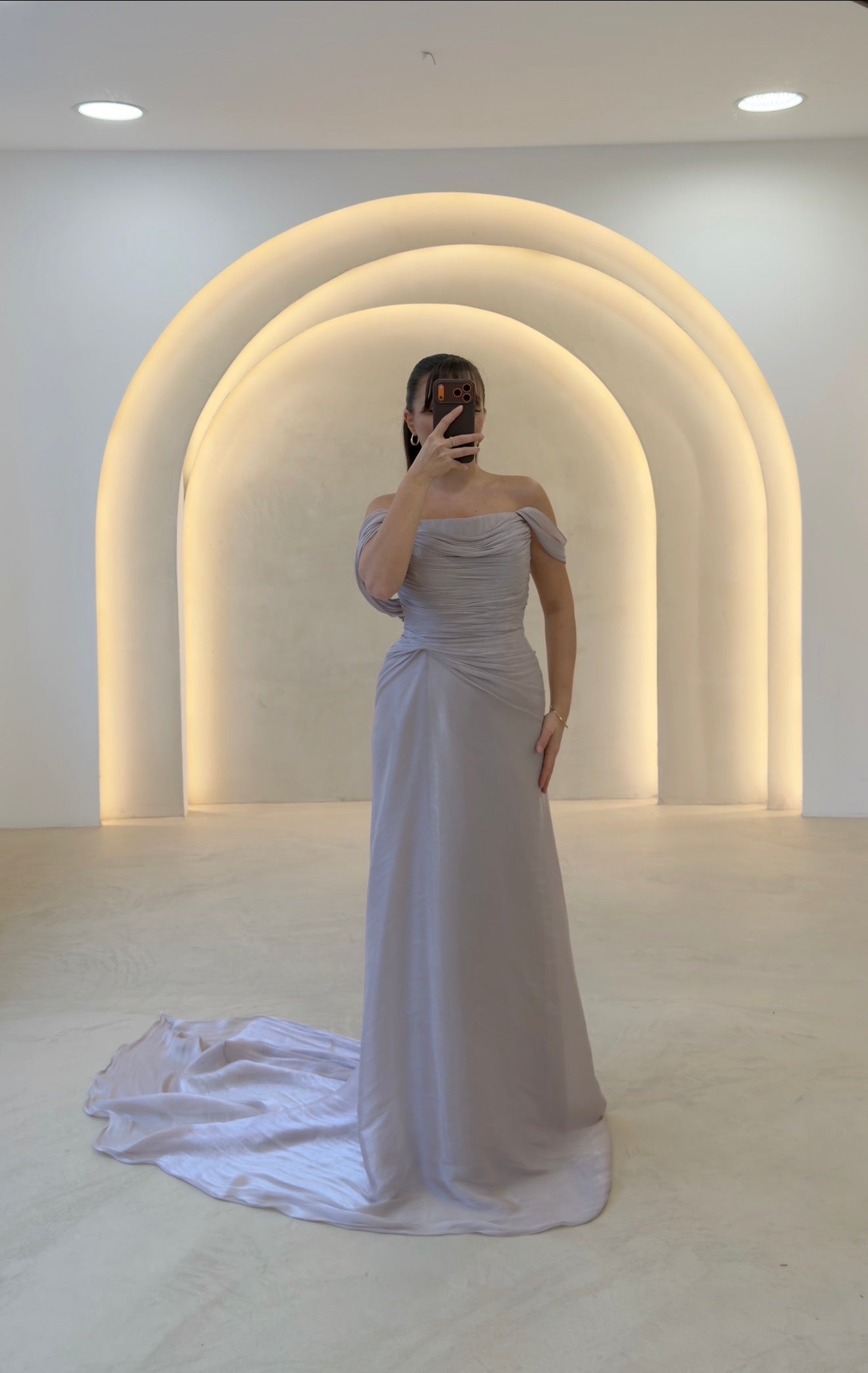 Off-the-Shoulder Draped Evening Gown with Corset Back