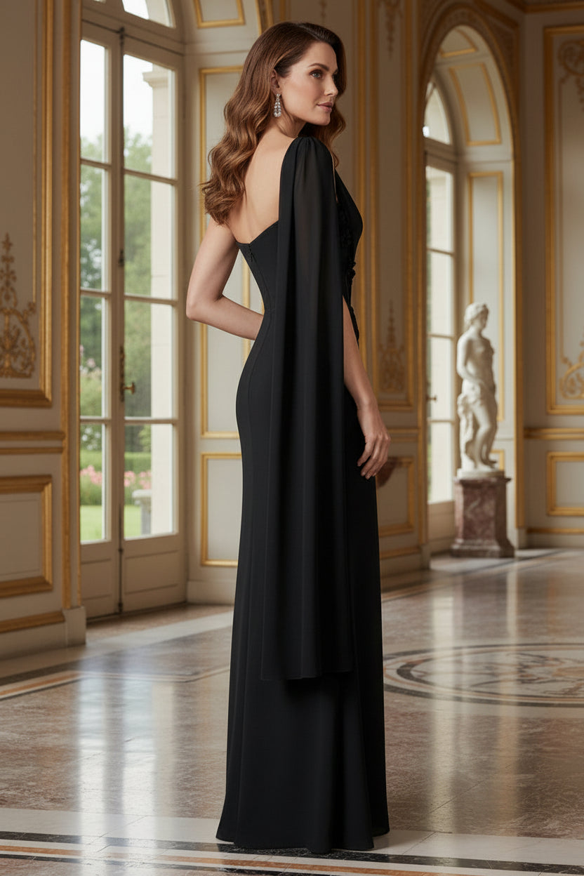 One-Shoulder Column Gown with Floral Appliques