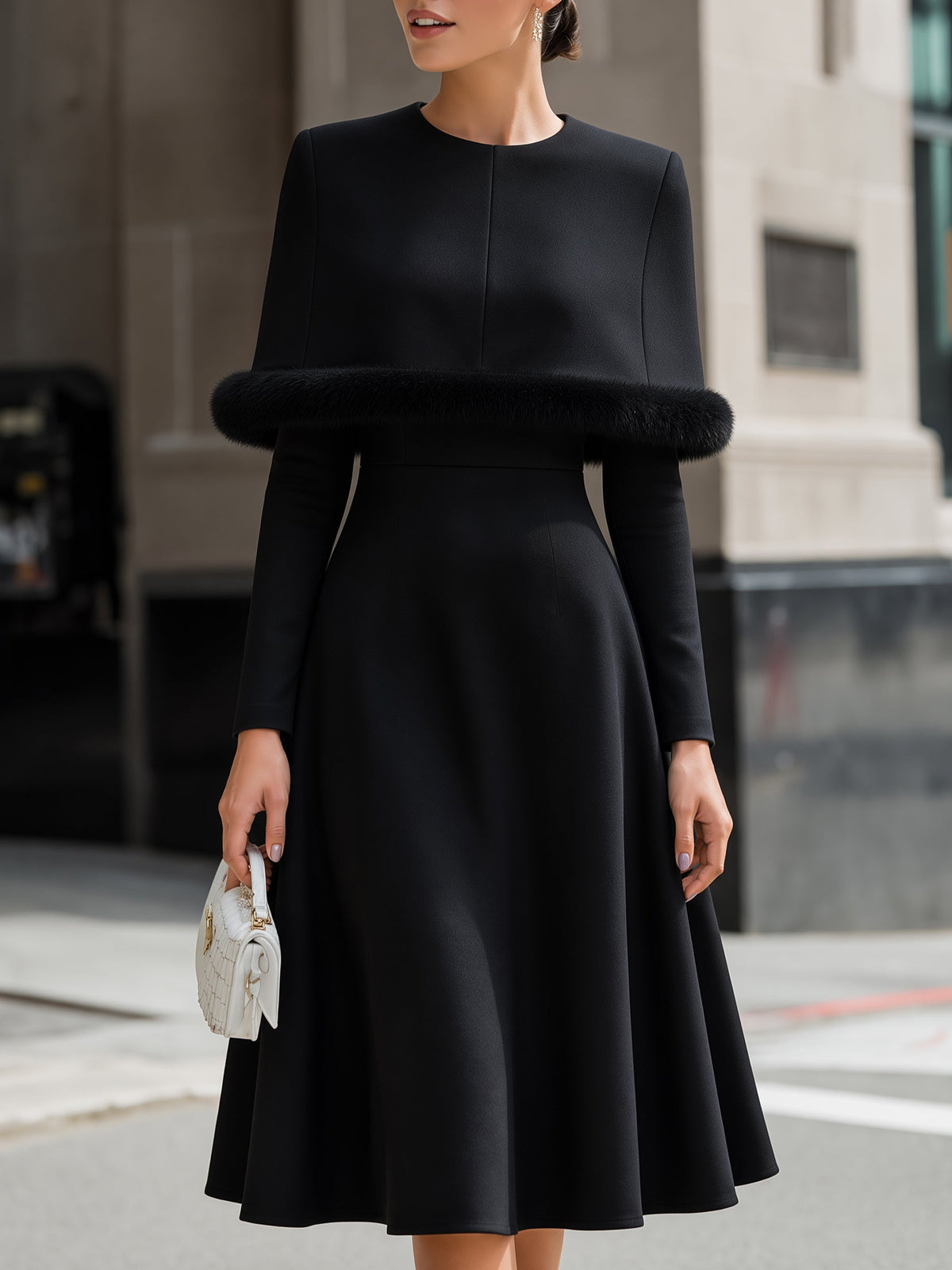 Fur-Trim Cape Long Sleeve Midi Dress