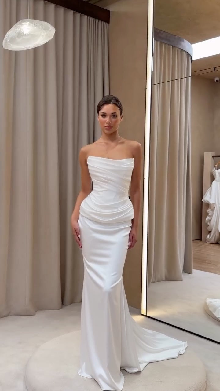 Strapless Ruched Drop-Waist Satin Wedding Dress