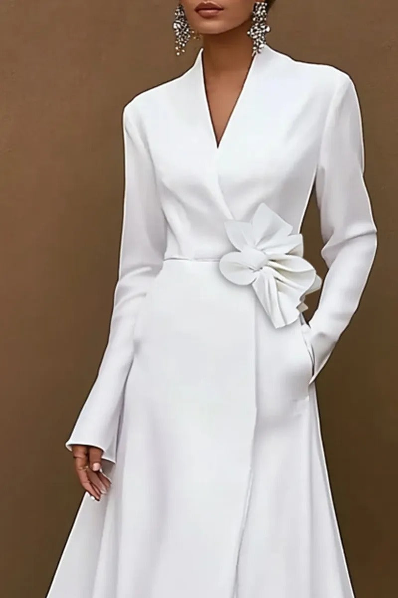 V-Neck Long Sleeve Midi Dress with Floral Waist Detail