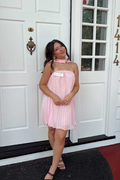 Pleated Strapless Mini Dress with Matching Scarf