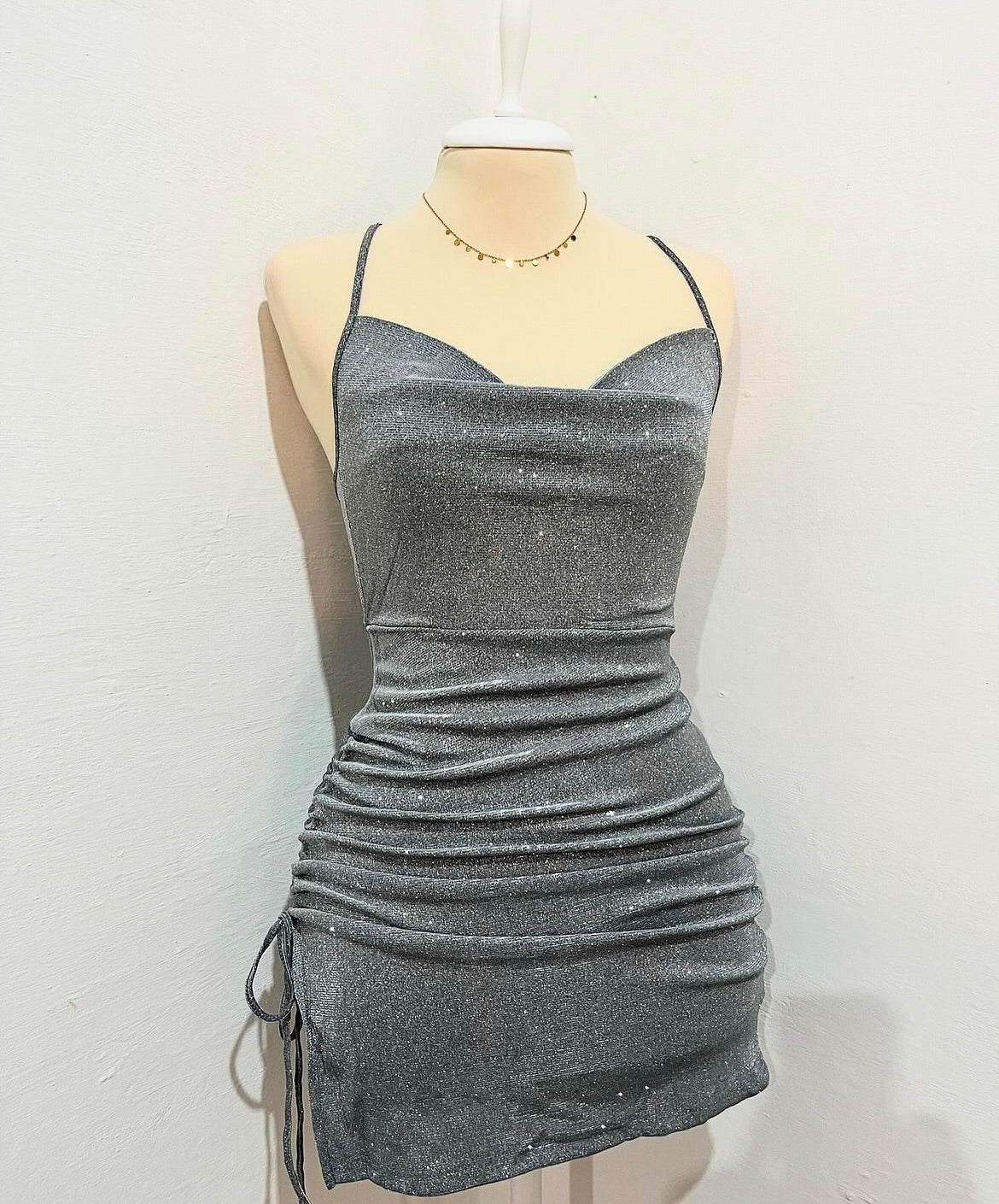 Glitter Spaghetti Strap Ruched Mini Dress with Gloves