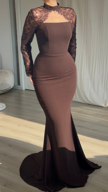Lace Mock Neck Mermaid Gown with Long Sleeves