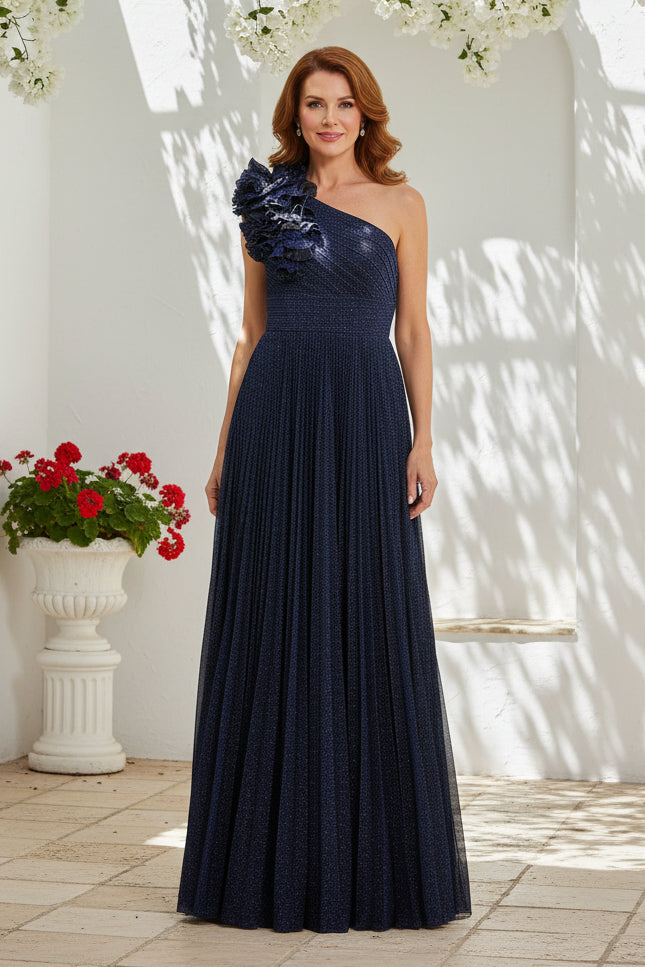 Pleated One-Shoulder Evening Gown with 3D Flower