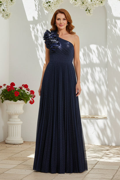 Pleated One-Shoulder Evening Gown with 3D Flower