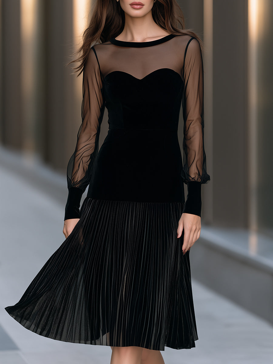 Pleated Midi Dress with Sheer Illusion Bodice